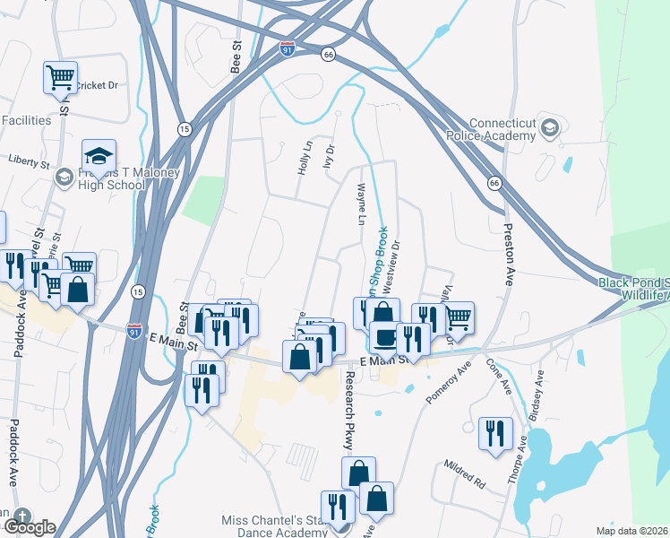 map of restaurants, bars, coffee shops, grocery stores, and more near 128 Lowe Avenue in Meriden