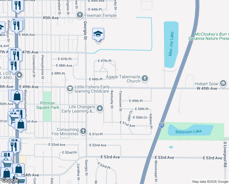 map of restaurants, bars, coffee shops, grocery stores, and more near 4921 Kentucky St in Gary