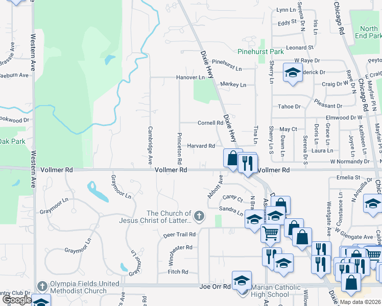 map of restaurants, bars, coffee shops, grocery stores, and more near 1834 Harvard Road in Flossmoor