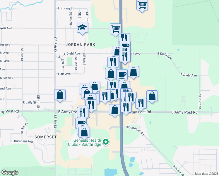 map of restaurants, bars, coffee shops, grocery stores, and more near 1268 Cummins Road in Des Moines