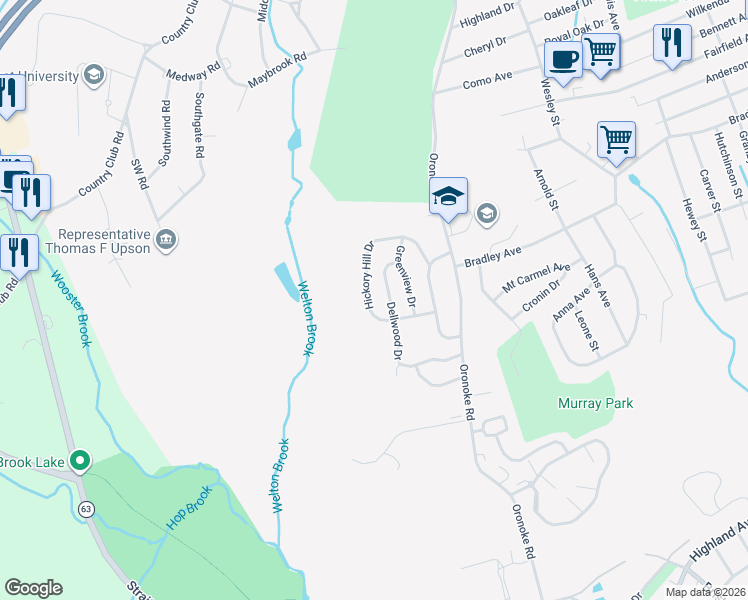 map of restaurants, bars, coffee shops, grocery stores, and more near 197 Hickory Hill Drive in Waterbury