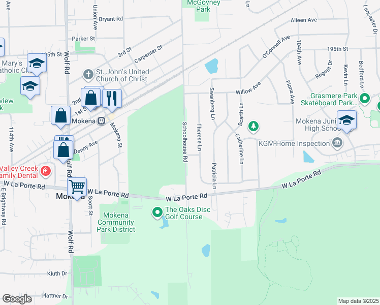 map of restaurants, bars, coffee shops, grocery stores, and more near 19843 South Schoolhouse Road in Mokena
