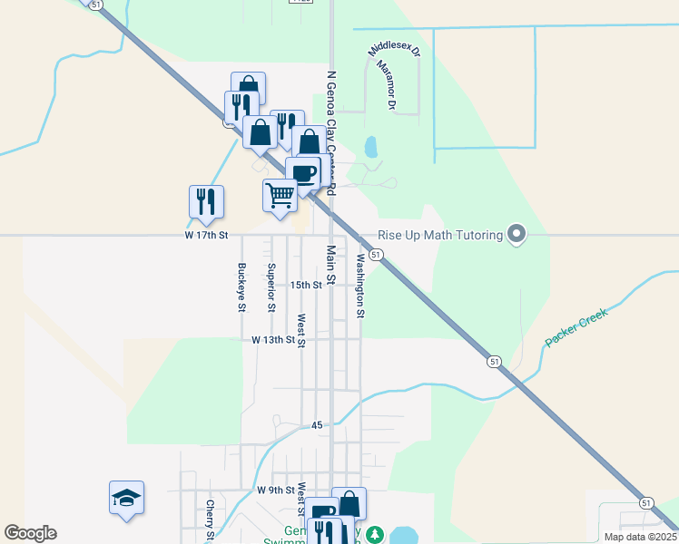 map of restaurants, bars, coffee shops, grocery stores, and more near 1509 Main Street in Genoa