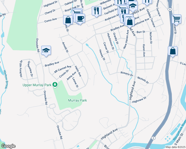 map of restaurants, bars, coffee shops, grocery stores, and more near 120 Lucille Street in Waterbury
