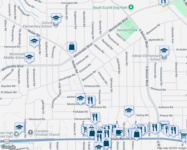 map of restaurants, bars, coffee shops, grocery stores, and more near 3944 Bluestone Road in Cleveland Heights