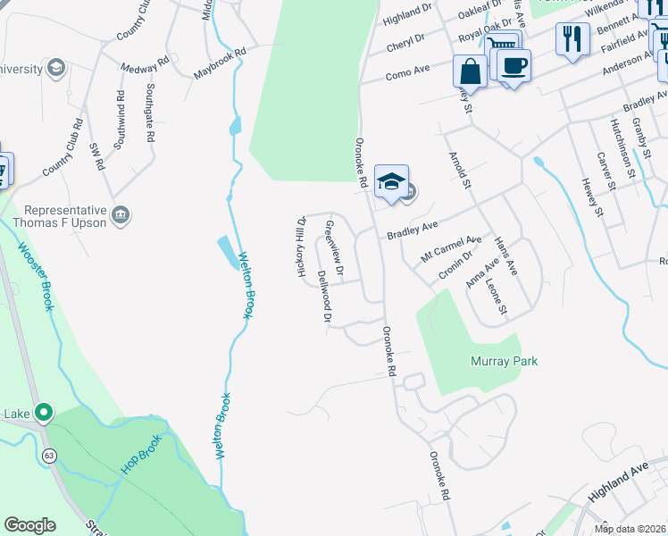 map of restaurants, bars, coffee shops, grocery stores, and more near 25 Greenview Drive in Waterbury