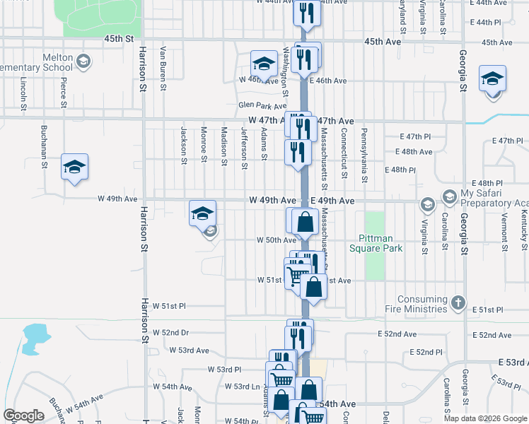map of restaurants, bars, coffee shops, grocery stores, and more near 4924 Adams Street in Gary