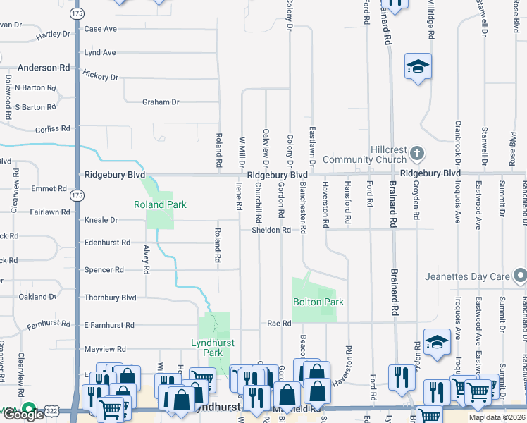 map of restaurants, bars, coffee shops, grocery stores, and more near 1143 Churchill Road in Lyndhurst
