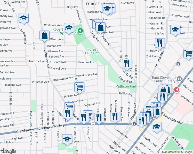 map of restaurants, bars, coffee shops, grocery stores, and more near 1096 East 125th Street in Cleveland
