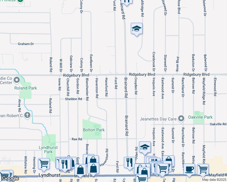 map of restaurants, bars, coffee shops, grocery stores, and more near 1144 Ford Road in Lyndhurst