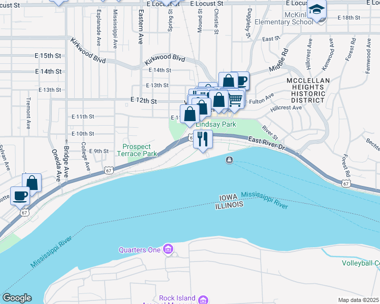 map of restaurants, bars, coffee shops, grocery stores, and more near 1719 East River Drive in Davenport
