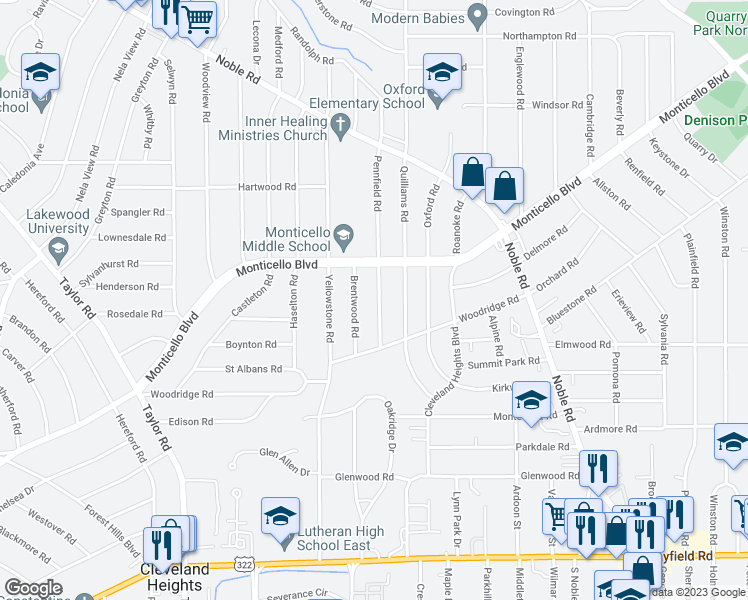map of restaurants, bars, coffee shops, grocery stores, and more near 1152 Pennfield Road in Cleveland Heights