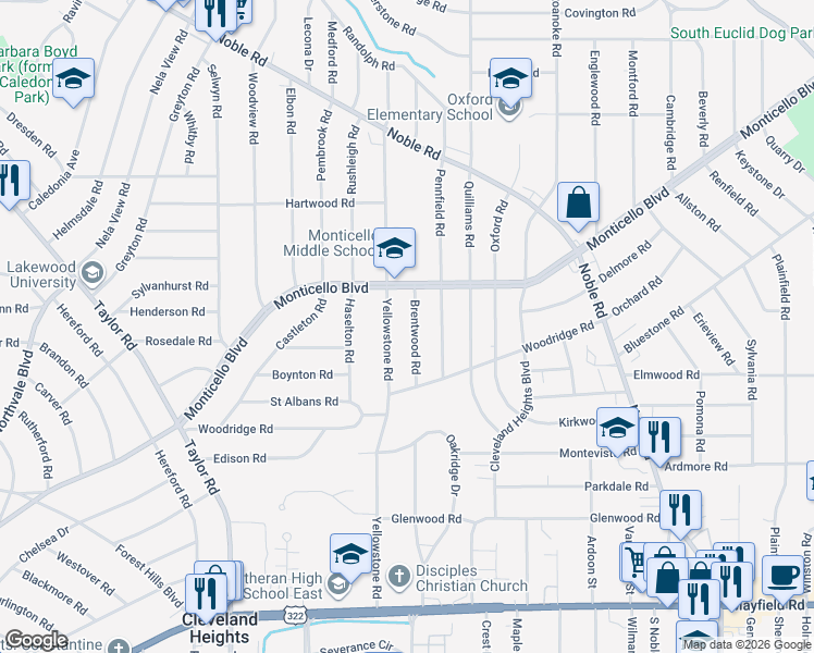 map of restaurants, bars, coffee shops, grocery stores, and more near 1152 Brentwood Road in Cleveland Heights