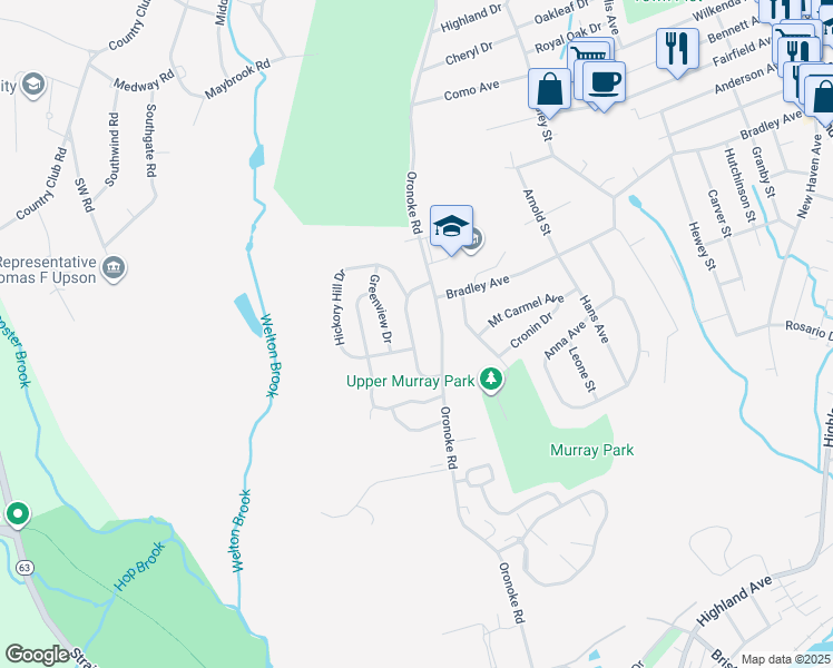 map of restaurants, bars, coffee shops, grocery stores, and more near 89 Meadow Lark Drive in Waterbury