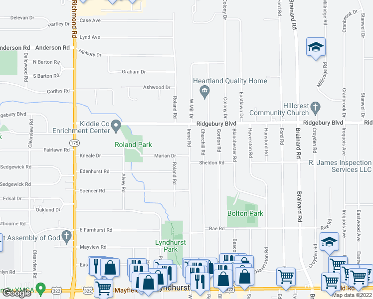 map of restaurants, bars, coffee shops, grocery stores, and more near 1144 Irene Road in Lyndhurst