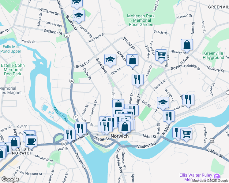 map of restaurants, bars, coffee shops, grocery stores, and more near 89 Union Street in Norwich