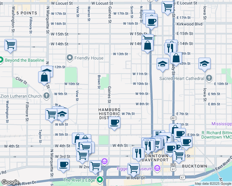 map of restaurants, bars, coffee shops, grocery stores, and more near 614 West 9th Street in Davenport