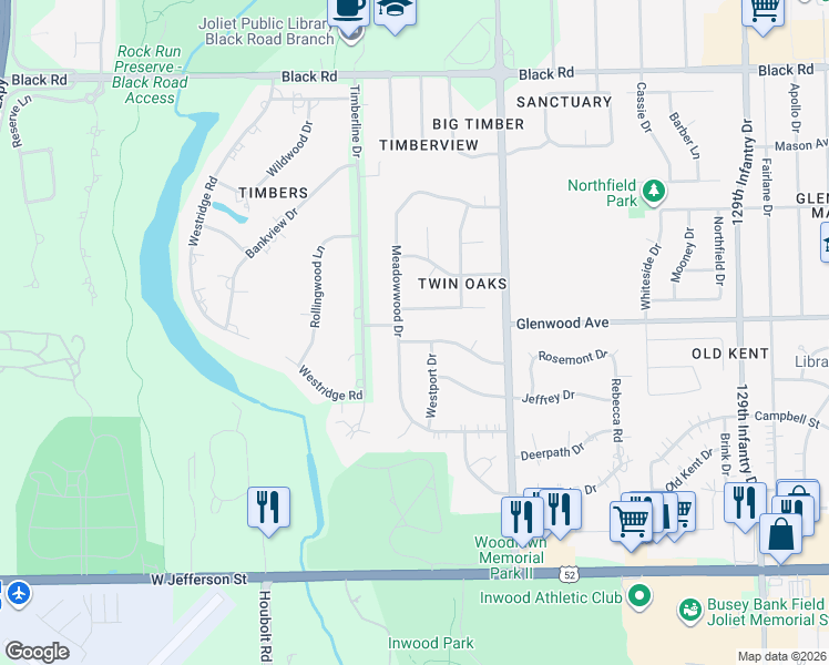 map of restaurants, bars, coffee shops, grocery stores, and more near 3305 Rosemont Dr in Joliet