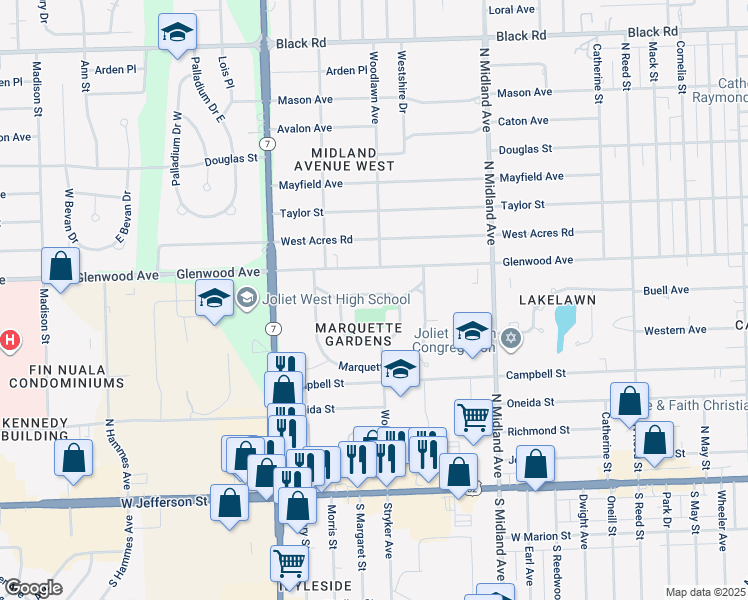 map of restaurants, bars, coffee shops, grocery stores, and more near 1602 Jones Street in Joliet