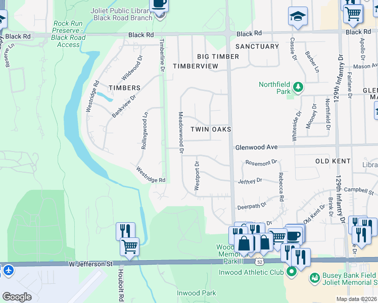 map of restaurants, bars, coffee shops, grocery stores, and more near 3305 Rosemont Drive in Joliet