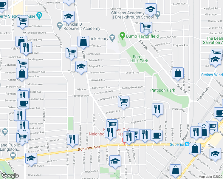 map of restaurants, bars, coffee shops, grocery stores, and more near 12005 Thornwood Avenue in Cleveland