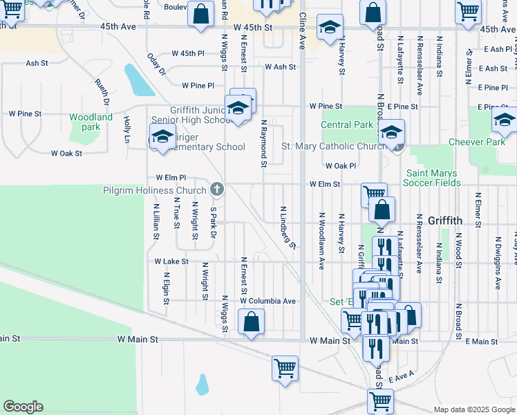 map of restaurants, bars, coffee shops, grocery stores, and more near 418 North Raymond Street in Griffith