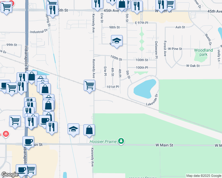 map of restaurants, bars, coffee shops, grocery stores, and more near 2852 101st Place in Highland