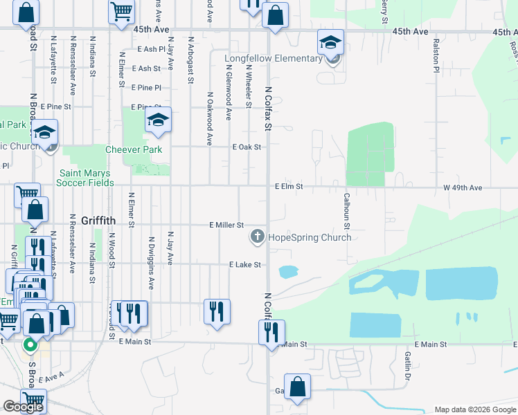 map of restaurants, bars, coffee shops, grocery stores, and more near 420 North Colfax Street in Griffith