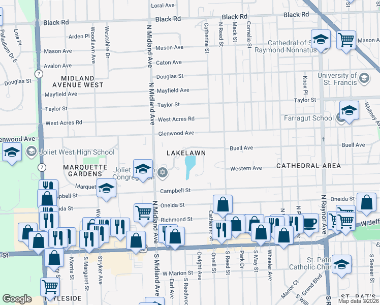 map of restaurants, bars, coffee shops, grocery stores, and more near 1214 Buell Avenue in Joliet