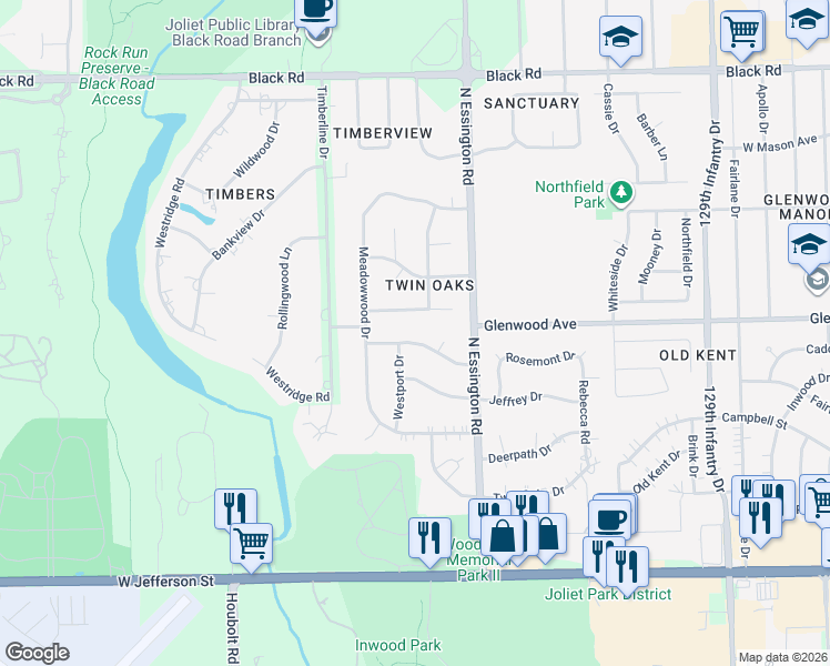 map of restaurants, bars, coffee shops, grocery stores, and more near 3227 Rosemont Dr in Joliet