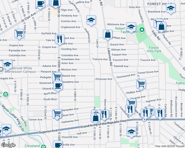 map of restaurants, bars, coffee shops, grocery stores, and more near 1053 Parkwood Drive in Cleveland