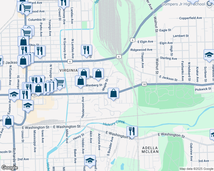 map of restaurants, bars, coffee shops, grocery stores, and more near 212 Maple Street in Joliet