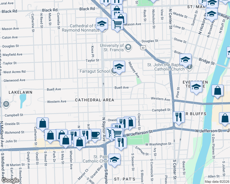 map of restaurants, bars, coffee shops, grocery stores, and more near 310 Whittier Avenue in Joliet
