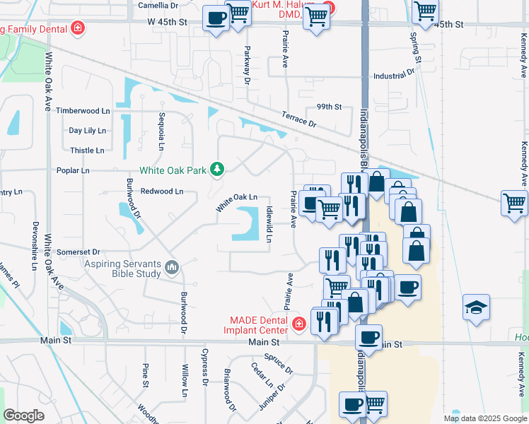 map of restaurants, bars, coffee shops, grocery stores, and more near 10138 Idlewild Lane in Highland