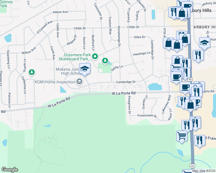 map of restaurants, bars, coffee shops, grocery stores, and more near F Court in Mokena