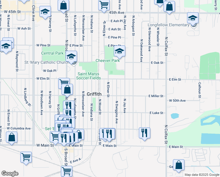 map of restaurants, bars, coffee shops, grocery stores, and more near 421 North Elmer Street in Griffith