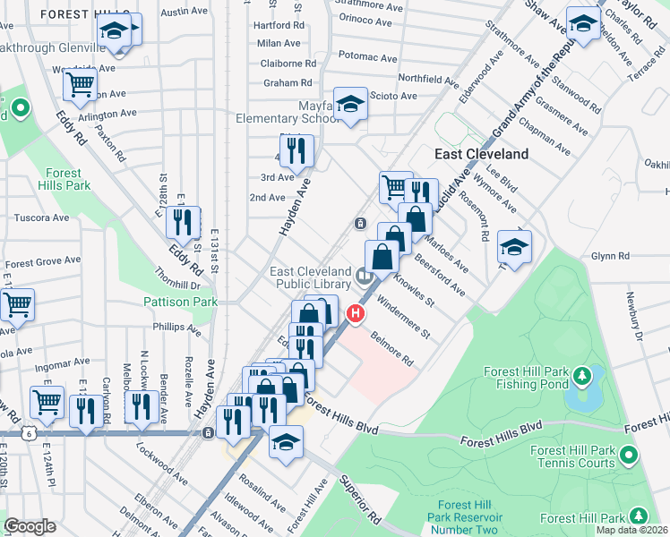 map of restaurants, bars, coffee shops, grocery stores, and more near 1711 Elsinore Avenue in East Cleveland