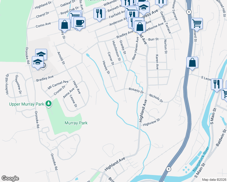 map of restaurants, bars, coffee shops, grocery stores, and more near 260 Hewey Street in Waterbury