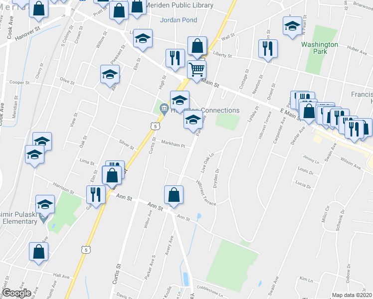 map of restaurants, bars, coffee shops, grocery stores, and more near 77 Markham Place in Meriden