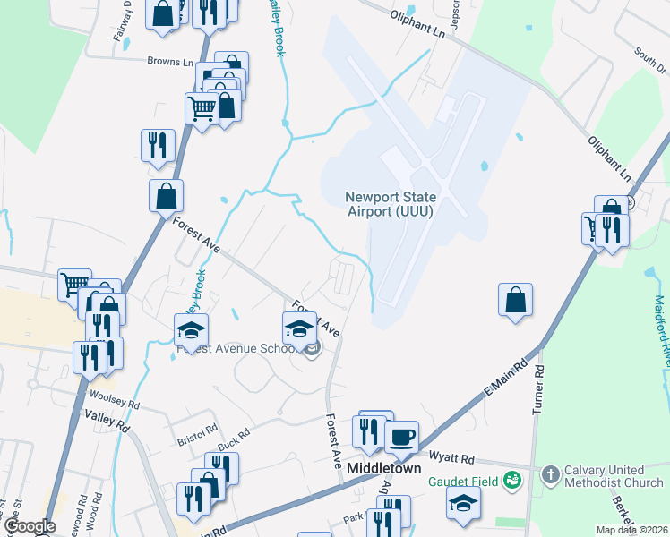map of restaurants, bars, coffee shops, grocery stores, and more near 610 Forest Avenue in Middletown