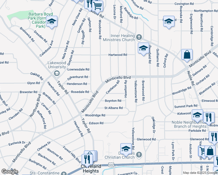 map of restaurants, bars, coffee shops, grocery stores, and more near 1138 Castleton Rd in Cleveland Heights