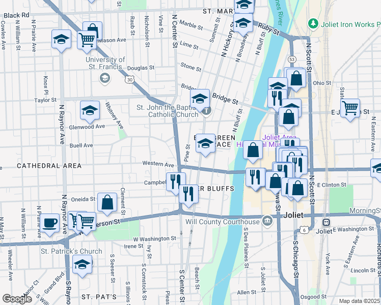 map of restaurants, bars, coffee shops, grocery stores, and more near 314 Pine Street in Joliet