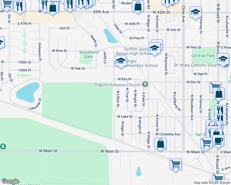 map of restaurants, bars, coffee shops, grocery stores, and more near 420 North Lillian Street in Griffith