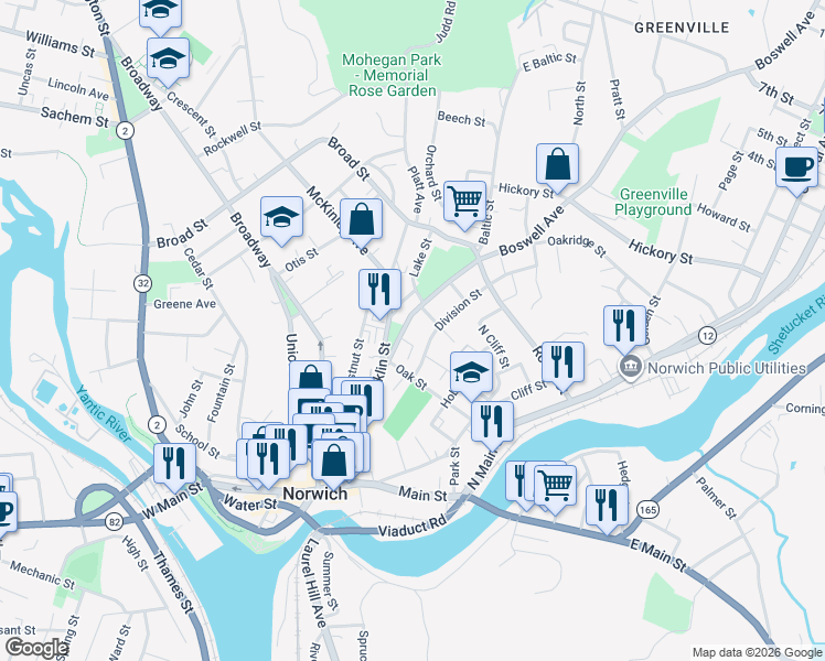 map of restaurants, bars, coffee shops, grocery stores, and more near 29 Boswell Avenue in Norwich