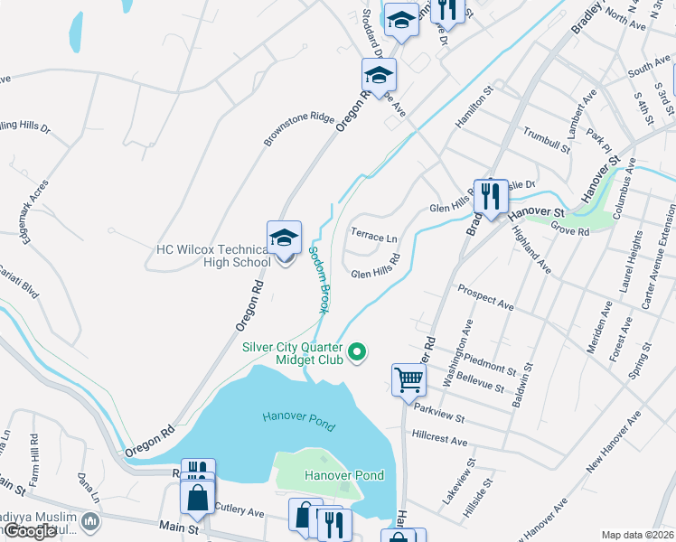 map of restaurants, bars, coffee shops, grocery stores, and more near 198 Glen Hills Road in Meriden
