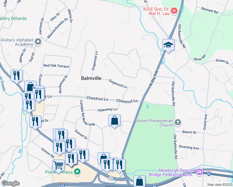 map of restaurants, bars, coffee shops, grocery stores, and more near 103 Dogwood Lane in Newburgh