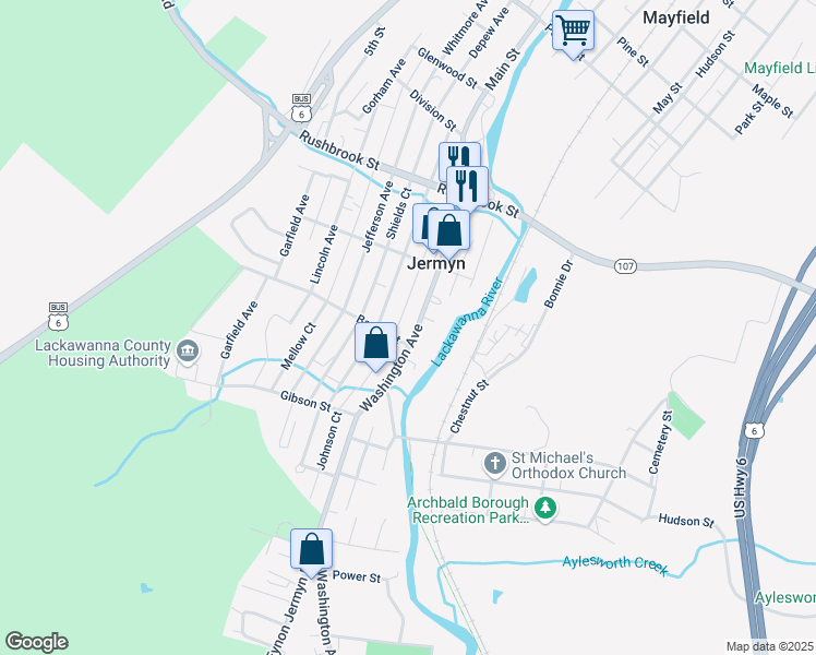 map of restaurants, bars, coffee shops, grocery stores, and more near 516 Washington Avenue in Jermyn