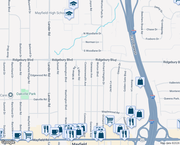 map of restaurants, bars, coffee shops, grocery stores, and more near 1156 Genesee Avenue in Mayfield Heights