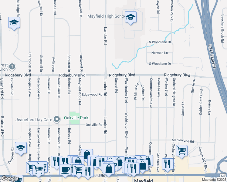 map of restaurants, bars, coffee shops, grocery stores, and more near 1156 Sunset Road in Mayfield Heights
