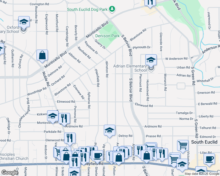 map of restaurants, bars, coffee shops, grocery stores, and more near 1141 Winston Road in South Euclid